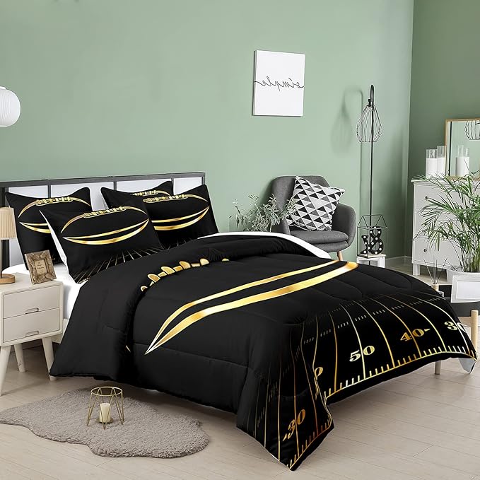Bodhi Boys Comforter Twin, Black and Gold Football Bedding Set, Machine Washable, 2 Pieces