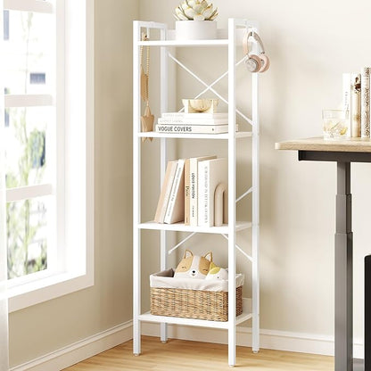 Bookshelf, Book Shelf, Industrial Bookcase with 2 Hooks, Coner Shelf Storage Organizer for Home Office, Living Room, Bedroom, Kitchen, 4-Tier White BC10413W