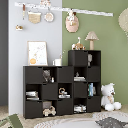 9-Cube Storage Shelf Bookcase - Wooden 3-Tier Floor Standing Open Bookshelf with Doors for Home and Office, Display Cabinet, Black