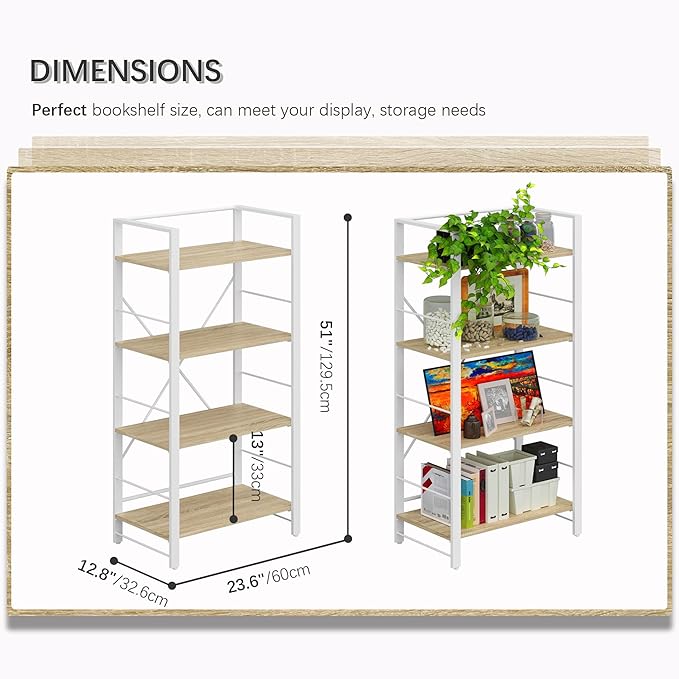 4NM Bookshelf 4 Tier Industrial Bookcase Home Office Adjustable Bookshelves Storage Shelves Organizer Vintage Book Shelf Display Rack for Living Room, Bedroom,Home - Natural