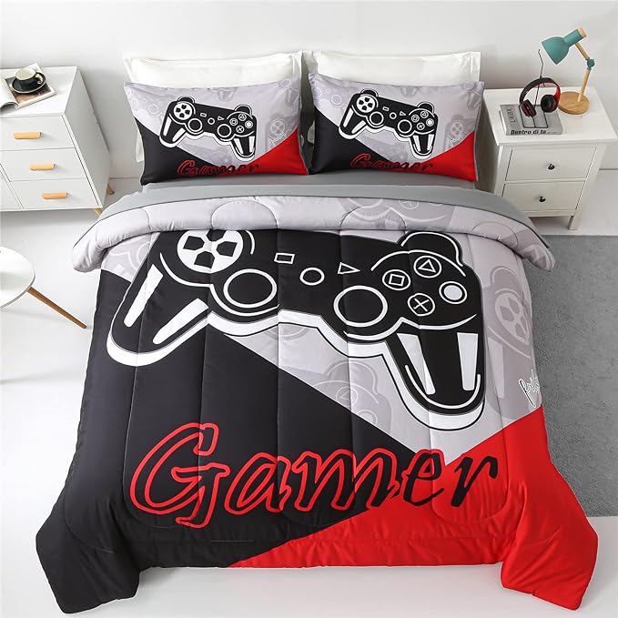 KAKKI 4 Piece Boys Twin Gamer Comforter Set with Sheets, 3D Colorful Video Game Controller Comforter for Kids Teen, All Season Soft Microfiber Gaming Bedding Set(Red,Twin)