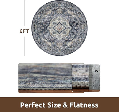 AMOAMI-6FT Round Rug-Rugs for Living Room-Vintage Soft Blue Rugs for Bedroom-Non Slip Circle Rug-Machine Washable Rug for Dining Room Living Room Bedroom Office Under Table