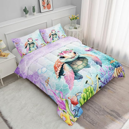 Kids Comforter Set Mermaid Scale Turtle Printed Pattern Bedding Set with 1 Comforter and 2 Pillowcases for Girls Boys Bedroom All Season(Turtle Full)