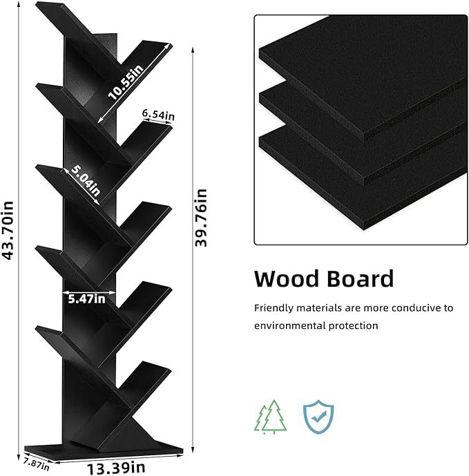 10 Tier Tree Book Shelf, Floor Standing Wood Bookshelf for Narrow Space, Storage Organizer Bookshelves for Books/CDs/Magazine, Bookcase with Shelves for Home Office, Living Room - Black