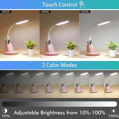 Sailstar Desk Lamp for Home Office, Small Desk Lamp with Wireless Charger & Pen Holder, Cute Desk Lamp LED Dimmable Touch 3 Lighting Modes Memory, Gooseneck Pink Desk Light for College Dorm Room
