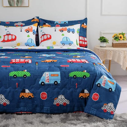 Wajade Cartoon Cars Comforter Set Bed in A Bag Twin Size Colorful Cars Bus Van Traffic Lights Bedding Set for Boys Kids (1 Comforter, 1 Flat Sheet, 1 Fitted Sheet, 2 Pillowcase and 2 Pillow Sham)