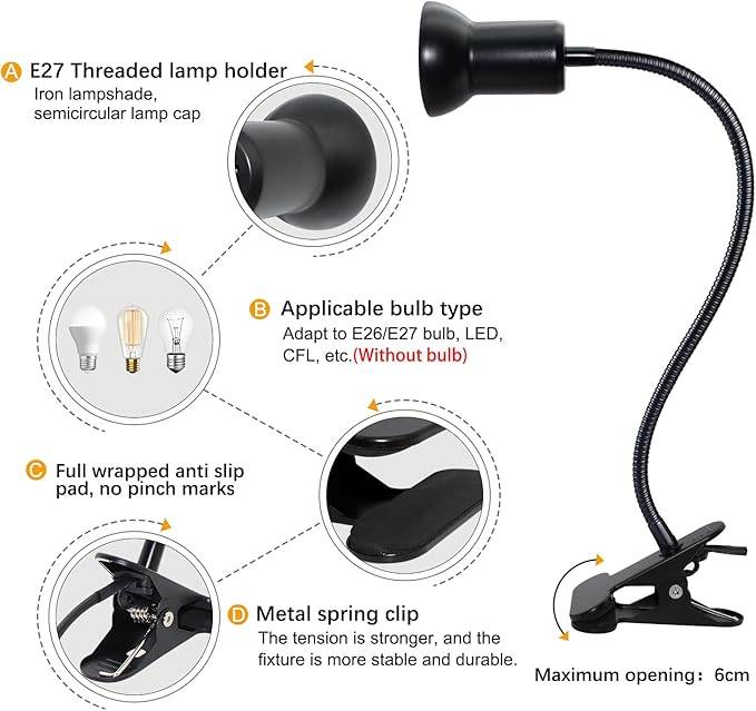 Desk Clip Lamp Holder Clamp Clip on Light with 40CM Swing Arm 360 ° Flexible Gooseneck Clip Lamp with 220CM Cable E27 Reading Clip Lamp for Bedroom Turtle Heating Lamps