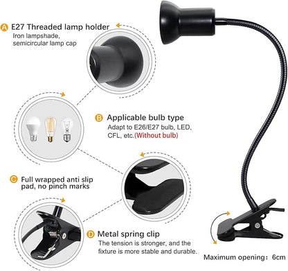 Desk Clip Lamp Holder Clamp Clip on Light with 40CM Swing Arm 360 ° Flexible Gooseneck Clip Lamp with 220CM Cable E27 Reading Clip Lamp for Bedroom Turtle Heating Lamps