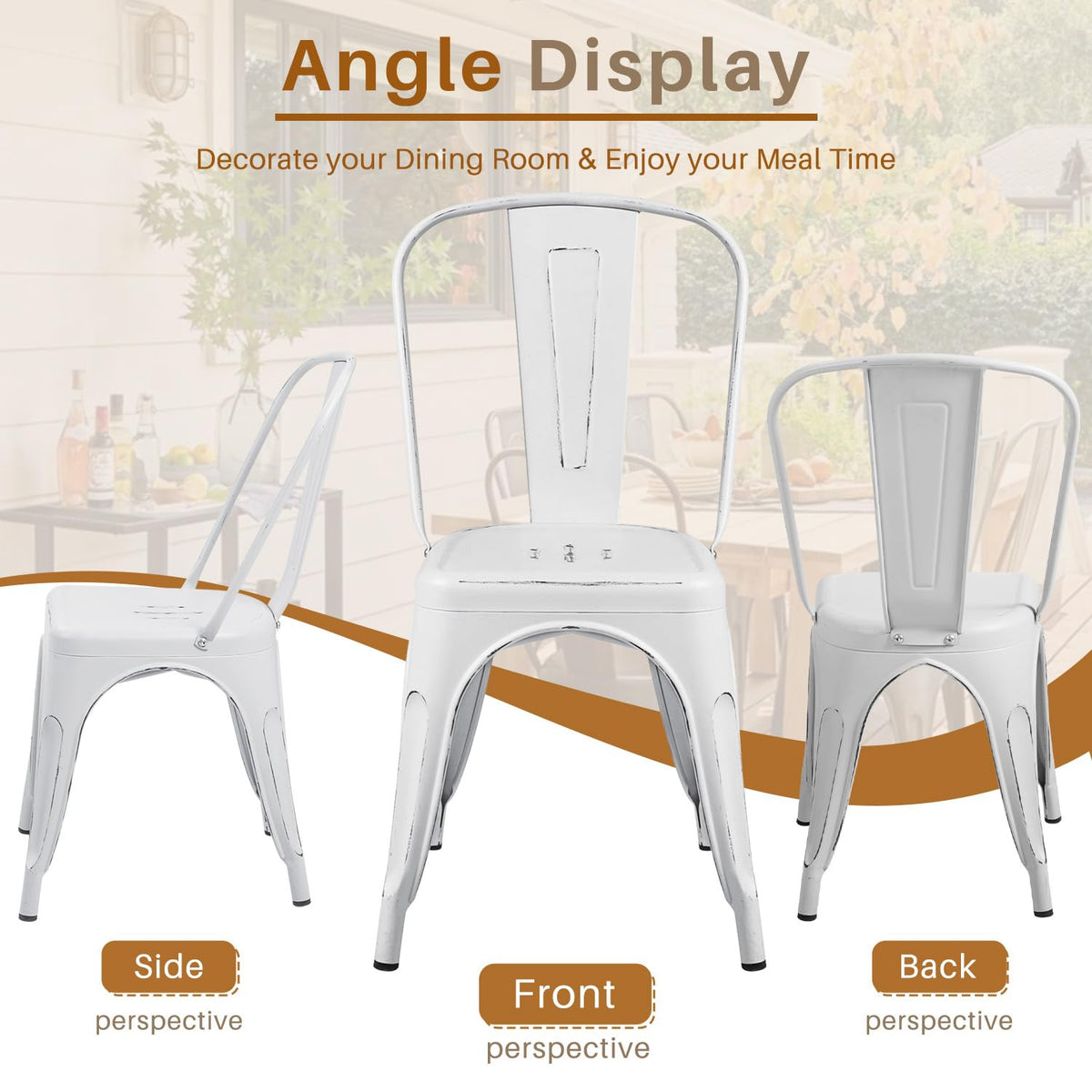 Furmax Metal Dining Chair Indoor Outdoor Use Stackable Chic Side Classic Trattoria Metal Chairs Set of 4 for Kitchen, Dining Room, Bistro and Cafe (Distressed White)