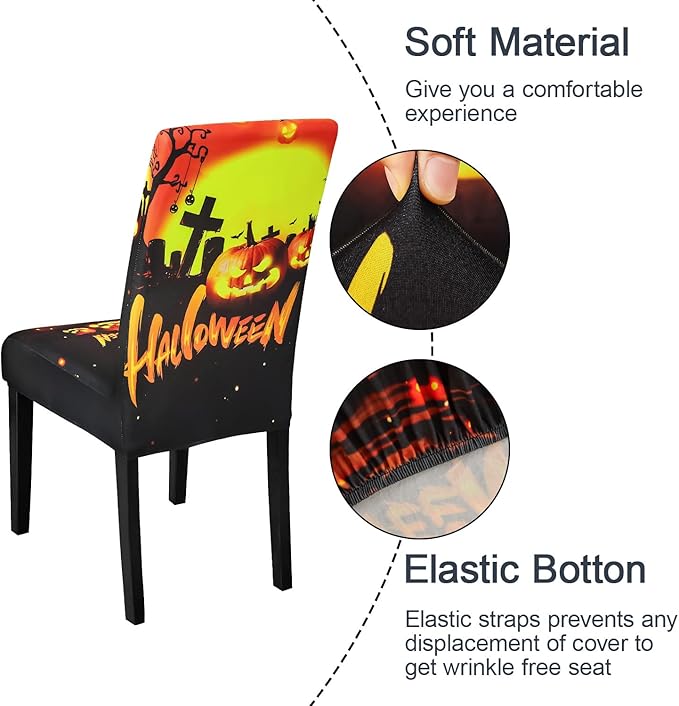 JQinHome Orange Halloween Chair Slipcover, Pumpkin Chair Covers Set of 4, High Stretch Washable Chair Protector Cover for Dining Room, Kitchen,Home Party,Wedding Ceremony(Orange,4PC)