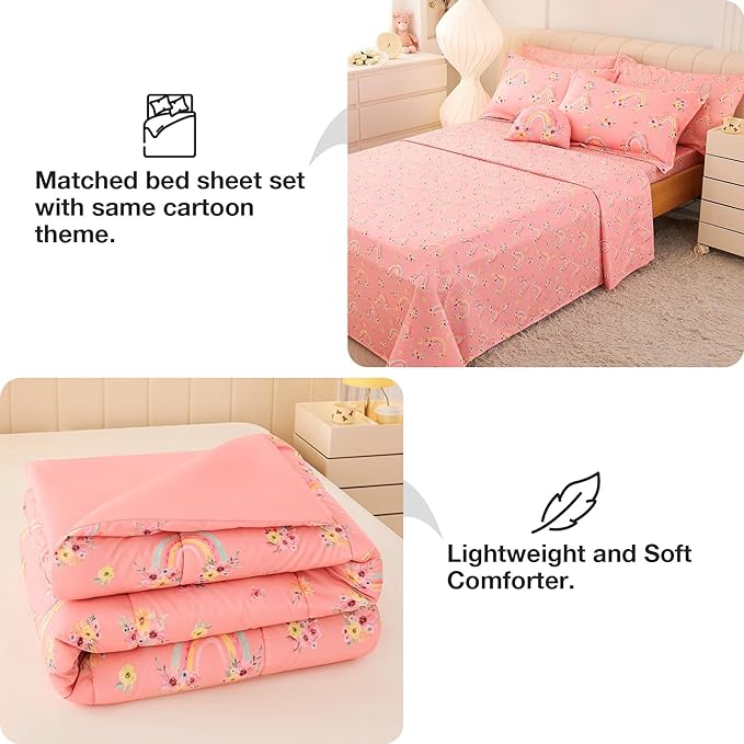 Mooreeke Twin Size Comforter Sets for Girls Kids, 6 Pieces Bed in a Bag Pink Rainbow Flowers Bedding Comforter Sheet Set with Shams and Decorative Toy Pillow, Ultral Soft Microfiber Kids Bed Set