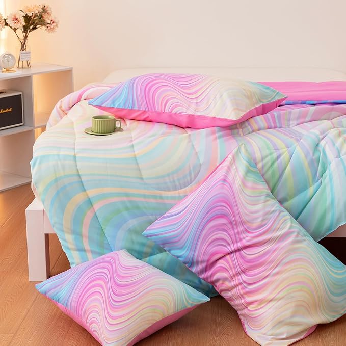 4 Pcs Pink Full Comforter Set for Girls, Tie Dye Superior Kids Teen Bedding Sets, Blue Pink Rainbow Full Size Bedding Set for Girls