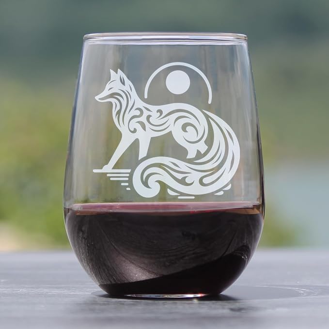 Engraved Fox Stemless Wine Glass 17oz, Etched Design, Animal Lover, Boho Woodland Creature Glassware