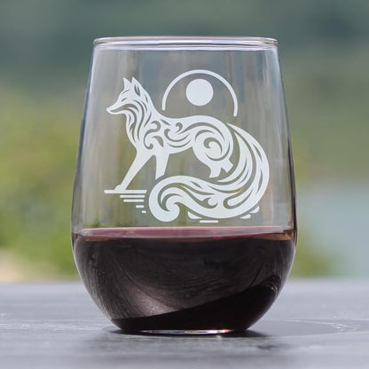Engraved Fox Stemless Wine Glass 17oz, Etched Design, Animal Lover, Boho Woodland Creature Glassware