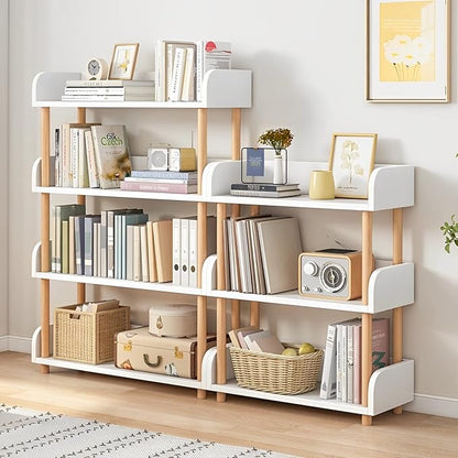 4-Tier Wooden Open Bookcase - Modern Display Bookshelf with Side Panels and Solid Wood Frame for Home and Office, Storage Cabinet, Warm White