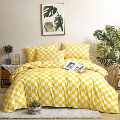 Yellow White Grid Comforter Set Cal King Yellow Plaid Bedding Set Women Yellow and White Checkered Bed Comforter Set Breathable Blanket Set Men Durable Bedding Comforter Set