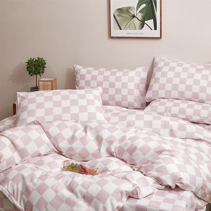 Wellboo Pink White Plaid Comforter Sets Queen Women Men Bean Pink and White Checkerboard Grid Bedding Comforters Cotton Boys Girls Modern Dusty Pink Checkered Geometric Quilts Luxury Abstract Bed