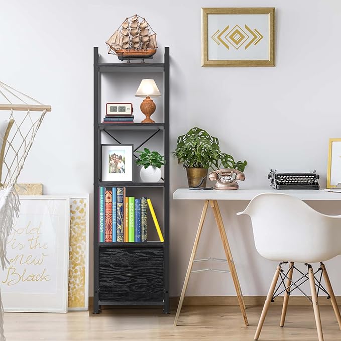 Narrow-Bookshelf-With-Storage-Drawer, 5-Tier Small Standing Book Shelf Organizer For Small Space, Tall Thin Bookcase Shelf For Bedroom Living Room Office, Wooden Shelving Unit Rack For Display