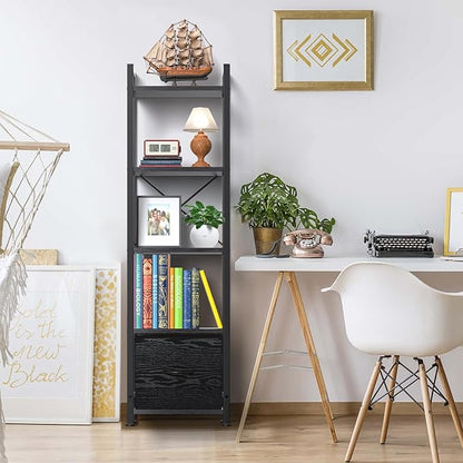 Narrow-Bookshelf-With-Storage-Drawer, 5-Tier Small Standing Book Shelf Organizer For Small Space, Tall Thin Bookcase Shelf For Bedroom Living Room Office, Wooden Shelving Unit Rack For Display