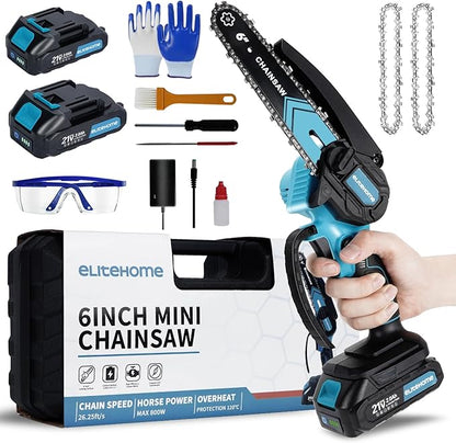 EliteHome Mini Chainsaw Cordless 2 Batteries 6 Inch Electric Portable Handheld Small Chain Saw Battery Powered for Tree Trimming wood cutting