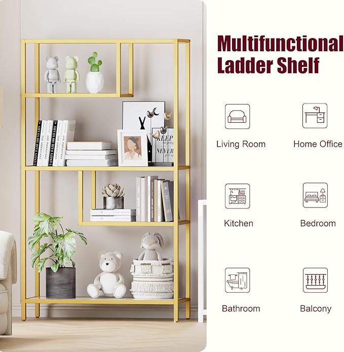 HOME BI Geometric Bookshelf, Tall Modern Etagere Bookcase, Industrial Metal Book Shelf with 5 Open Display Shelves for Office Living Room, Gold and White