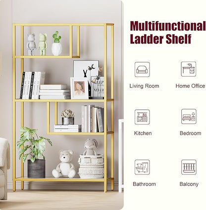 HOME BI Geometric Bookshelf, Tall Modern Etagere Bookcase, Industrial Metal Book Shelf with 5 Open Display Shelves for Office Living Room, Gold and White