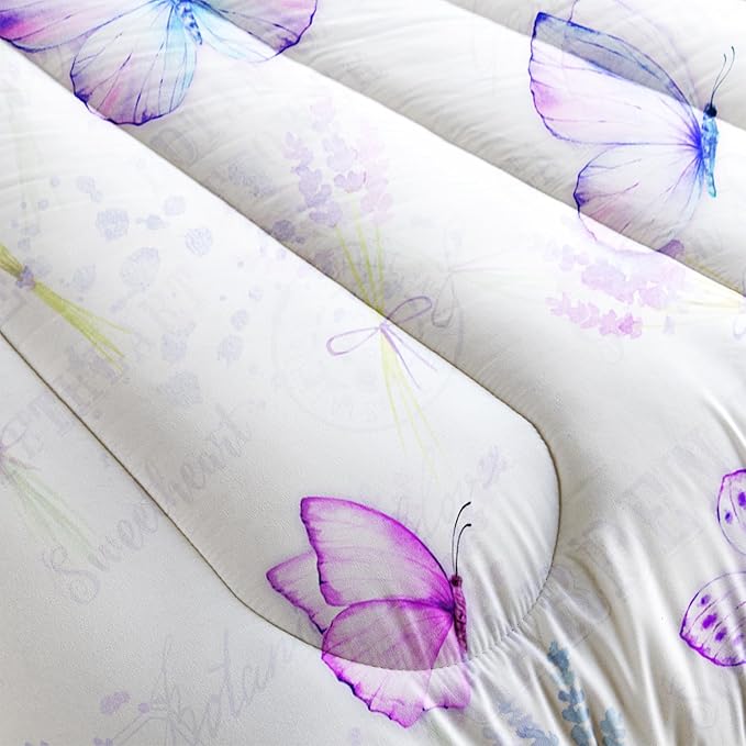 Purple Butterfly Comforter Set Full Size for Girls Kids Adults Lavender Flowers Pattern Bedding Set Aesthetics Butterflies Quilt Bed Set with 1 Comforter and 2 Pillowcases