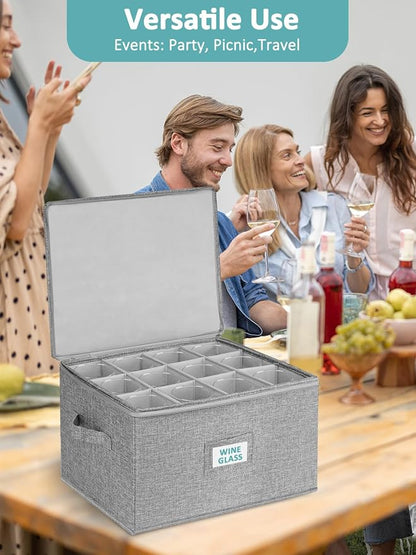 Cirhy Wine Glass Storage Box Hard Shell, Stemware Storage Containers for Moving, Holds 24 Crystal Glasses & Flutes, Stackable Glassware Chest with Dividers, Grey (2-Pack)