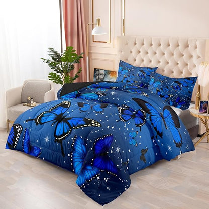 Butterfly Bedding Set for Girls, Butterfly Comforter, Blue Butterflies with Sparkle Stars Prints Comforter Set for Women Girls Butterfly Bedding Queen Size Quilt Sets, 1 Comforter + 2 Pillowcases