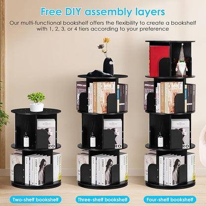 4 Tier Rotating Bookshelf kids, Small Corner Bookshelf for Small Space, 360 Display Floor Standing Bookcase Storage Rack, Wood Narrow Book Shelf Organizer for Home Office,Bedroom, Living Room