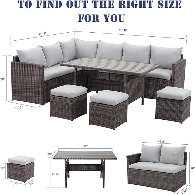 7-Pieces Furniture, PE Wicker Rattan Sets with Dining Ottomans, Patio Table and Chairs, Outdoor Sectional Sofa, Ec-Grey