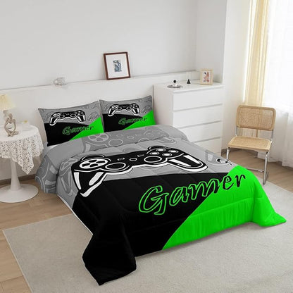 Feelyou Gamer Comforter Set Gaming Bedding Set for Teens Boys Video Game Decor Comforter Game Controller Quilted Duvet Set 1 Comforter with 2 Pillowcases Queen Green