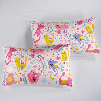 Floral Cat Comforter Twin Size,Pink Cat Comforter Set for Kids Teens Girls,3Pcs Bedding Set Printed Comforter with 2 Pillowcases,Down Alternative,Soft and Lightweight(Pink，Twin Size)