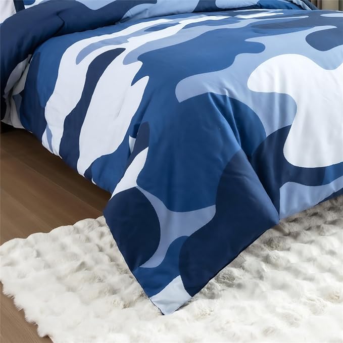 Meeting Story Camouflage Bedding Set, Colorful Pattern Style Comforter Set, 3 PCS One Comforter Two Pillowcases Two Sheets in One Bag, All Season Bedspread for Teens Adults (Navy,Twin