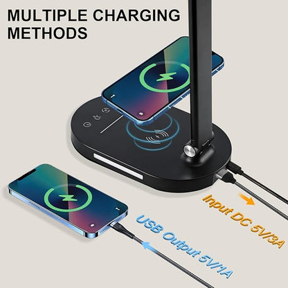 Lightess LED Desk Lamp with Wireless Charger, USB Charging Port, Adjustable Foldable Dual Swing Arm Desk Light Dimmable Eye-Caring Desk Lamp, Touch Control, Home Office Desk Lights for Work Study