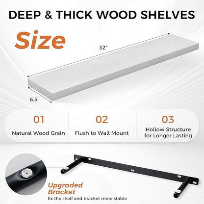 Fun Memories 32Inch Floating Shelves for Wall 2 Pack Wood Shelves for Kitchen, Bathroom, Bedroom Wall Mounted Rustic Wood Floating Shelf with Invisible Brackets for Books, Storage, Decor, White