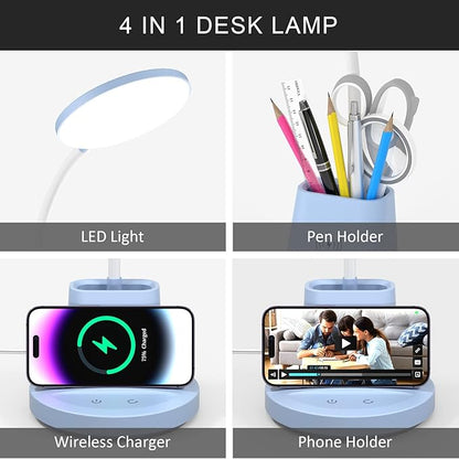 LED Desk Lamp with Wireless Charger for Home Office, Small with Pen Holder, 800LM,3 Color Modes,Gooseneck, Eye-Caring White Desk Lamps for Home College Dorm Room,Blue