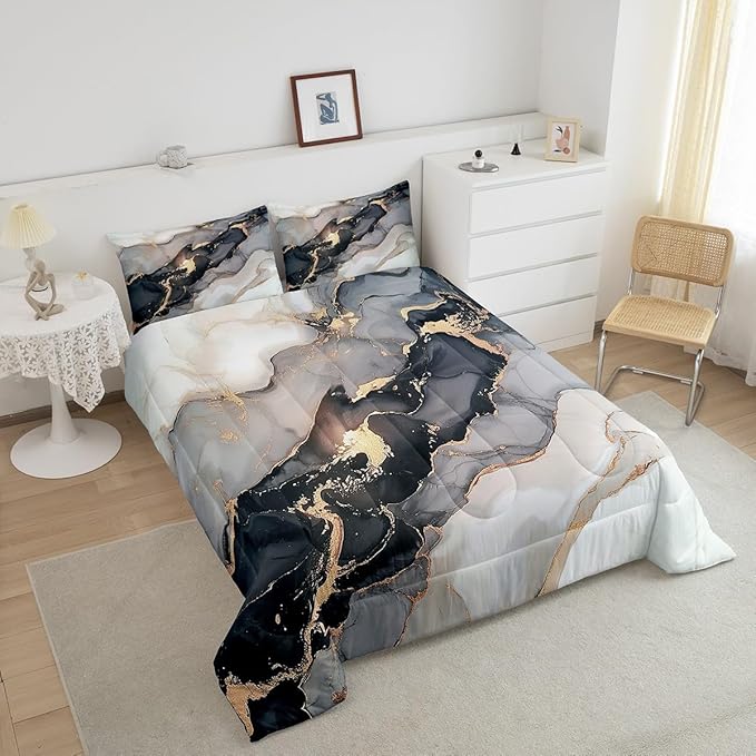 Erosebridal Black Marble Bedding Set Twin,Black and Grey Marble Comforter Set Men Teens Boys Modern Gray Orange Abstract Art Tie Dye Down Comforter Kids Gothic White Gold Marble Duvet Insert Soft