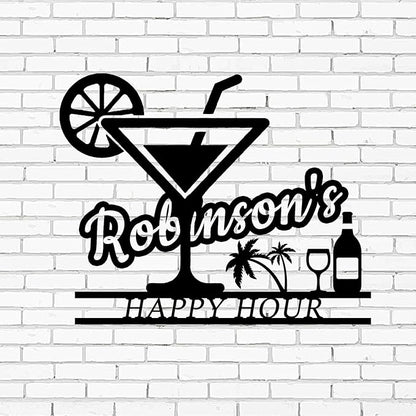 Happy Hour Metal Bar Sign - Personalized Wine Wall Art, Rustic Home Bar Decor, Custom Cocktail & Wine Themed Metal Signs for Indoor/Outdoor - MADE IN USA