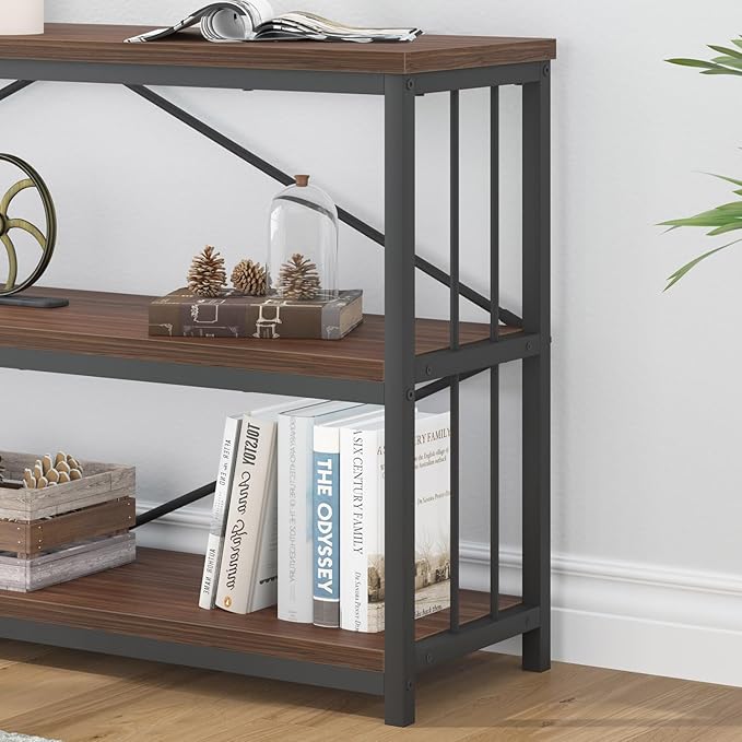 IBF Walnut Low Wide Bookcase, Vintage 63 Inch Long 3 Tier Open Book Shelf, Farmhouse Big Wood Metal sturdy Bookshelf Display Case, Simple Large Etagere Bookshelves for Home Living Room Office Bedroom