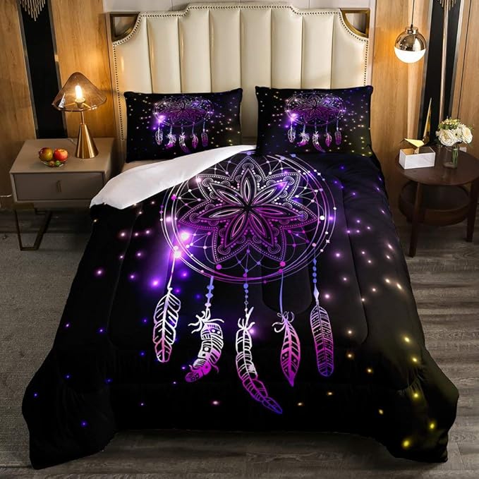 Erosebridal Dream Catcher Feather Comforter Set, Bohemian Mandala Down Comforter King Size for Kids Girls Boys, Starry Sky Galaxy Bedding Set Boho Tie Dye Exotic Flower Quilted Duvet, Purple