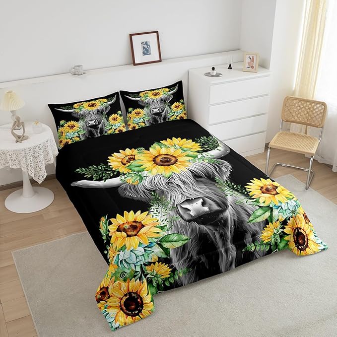 Highland Cow Bedding Set Kids Sunflower Floral Western Cow Bull Comforter Set for Girls Teens Farmhouse Wildlife Animal Comforter Black Duvet Set Room Decor Quilt Set Full Size