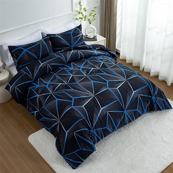 NTBED 3D Geometric Comforter Set for Boys Kids, Irregular Diamond Pattern Lightweight Microfiber Bedding Sets All Season (Dark Blue,Full)