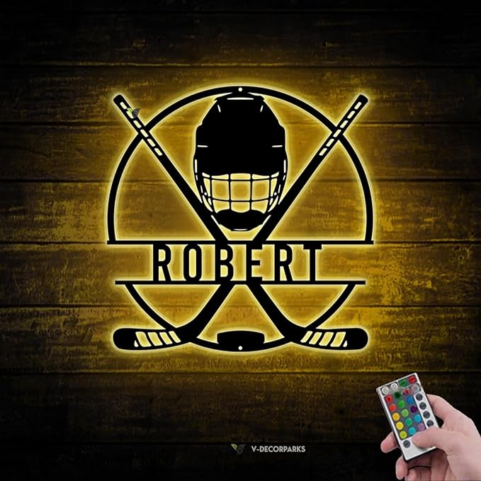 Hockey LED Metal Wall Art – Sports Custom Name Sign Light Up with Helmet and Sticks, Ice Hockey Room Decor for Players, Fans, Coaches
