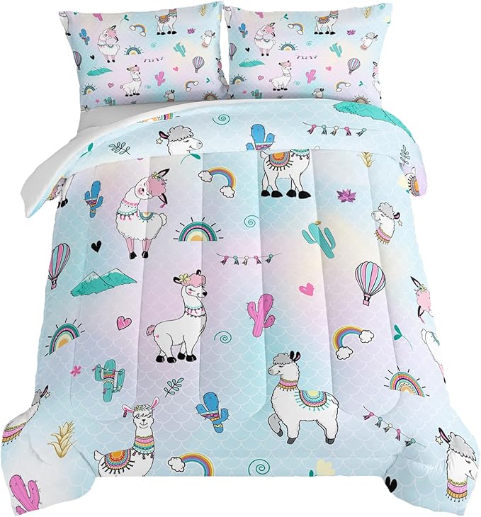 HOSIMA 3 Piece Cartoon Animal Llama Comforter,Cute Alpaca Toddler Comforter,Desert Cactus Plant Queen Comforter Set Set for Adults Kids,Fish Scales Comforter Rainbow Bedding Sets for Girls Boys.