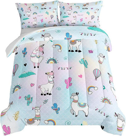 HOSIMA 3 Piece Cartoon Animal Llama Comforter,Cute Alpaca Toddler Comforter,Desert Cactus Plant Queen Comforter Set Set for Adults Kids,Fish Scales Comforter Rainbow Bedding Sets for Girls Boys.