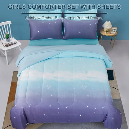 Dinjoy Girls Women Comforter Set King Size Ombre Blue Purple Rainbow Bedding Set 7 Pieces Bed in A Bag for Teen Adult (1 Comforter, 1 Flat Sheet, 1 Fitted Sheet, Pillow shams & Pillowcases)