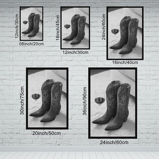 Cowboy Boots And Red Wine, Western Aesthetic, Black And White, Modern Fashion Poster Canvas Poster Wall Art Decor Print Picture Paintings for Living Room Bedroom Decoration Black Frame 12x18in(30x45cm