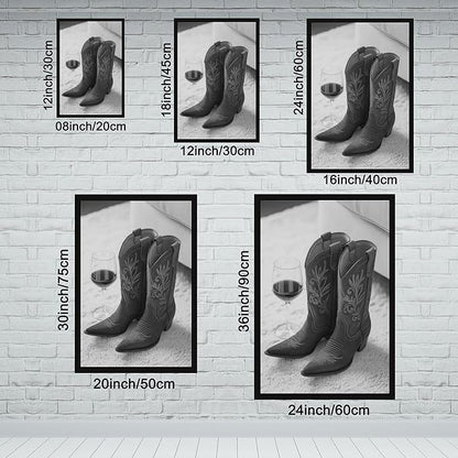 Cowboy Boots And Red Wine, Western Aesthetic, Black And White, Modern Fashion Poster Canvas Poster Wall Art Decor Print Picture Paintings for Living Room Bedroom Decoration Black Frame 12x18in(30x45cm