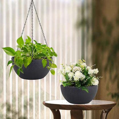 12 inch Large Hanging Planters for Indoor Outdoor Plants, 2 Pack Hanging Flower Pots with Drainage Holes and Chain for Garden Porch, Plastic Hanging Baskets for House Plants, Black